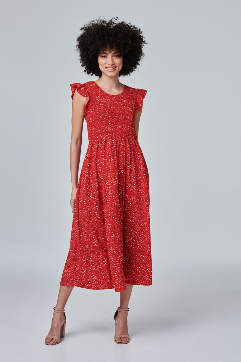 Red | Ditsy Print A-Line Midi Dress