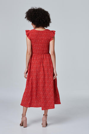 Red | Ditsy Print A-Line Midi Dress