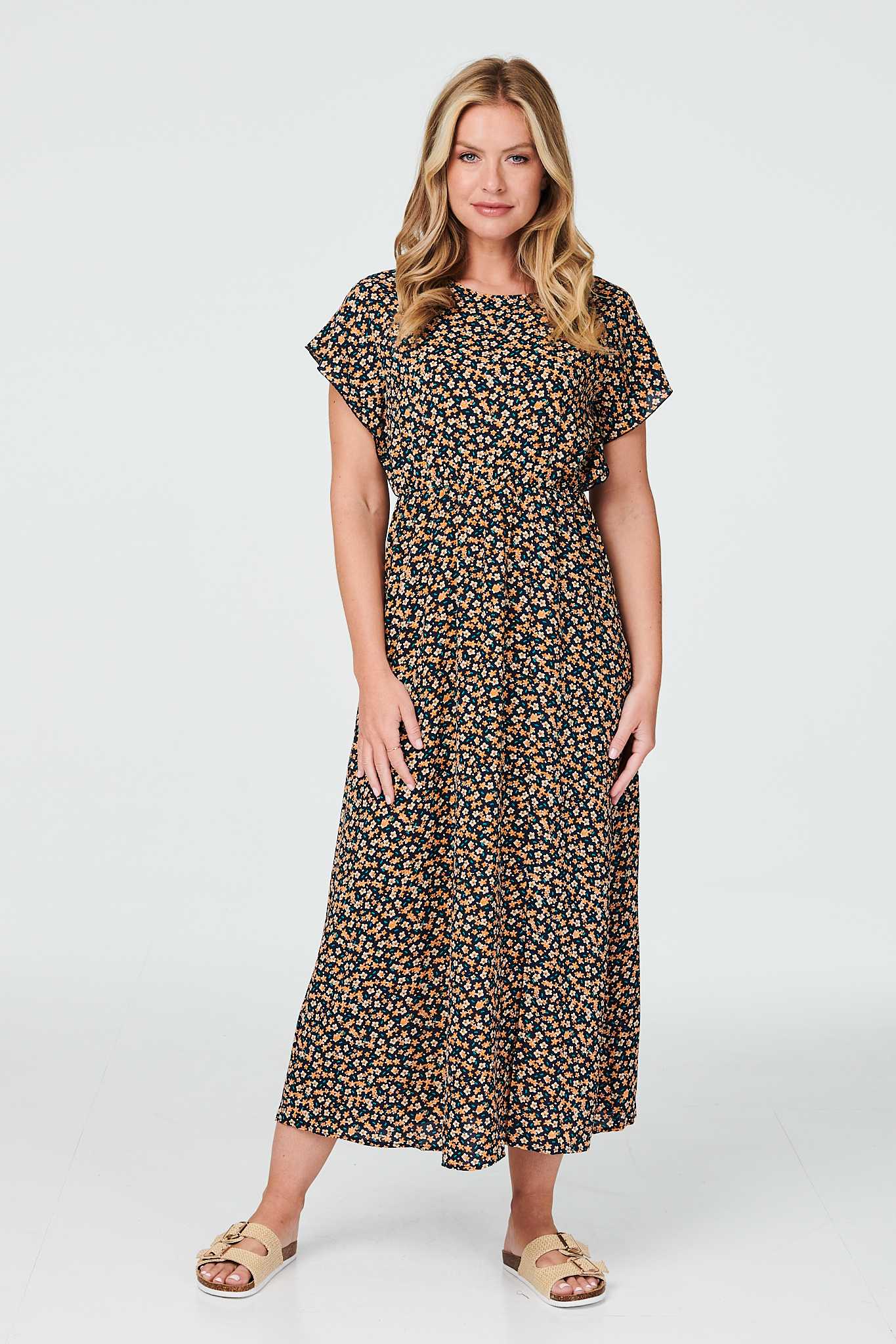 Navy | Ditsy Floral Short Sleeve Maxi Dress