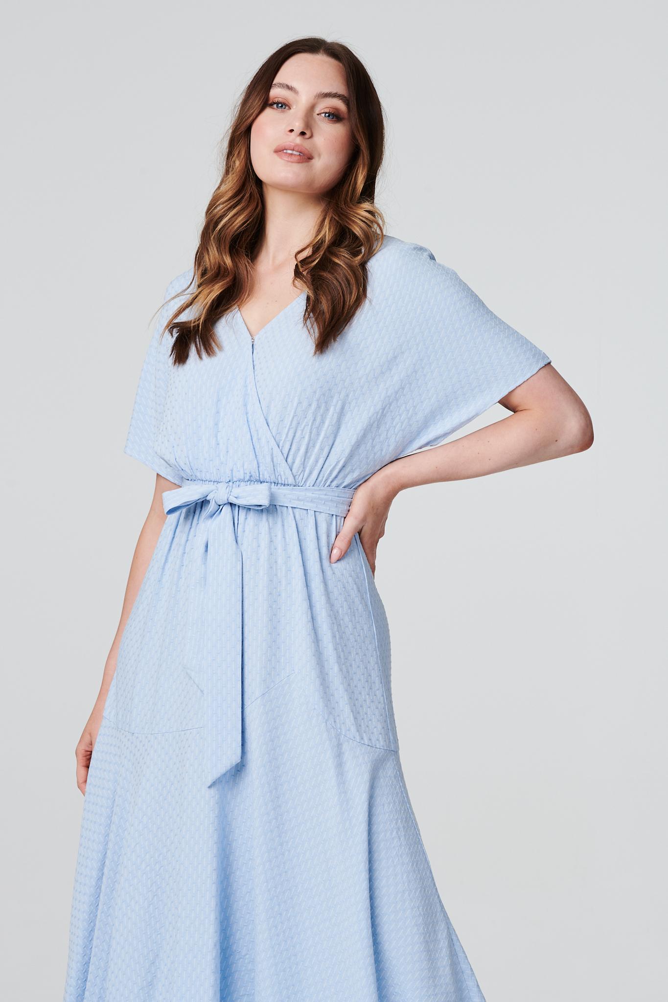 Blue | Tie Front Hanky Hem Midi Dress