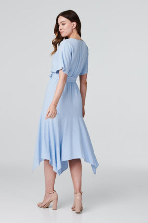 Blue | Tie Front Hanky Hem Midi Dress