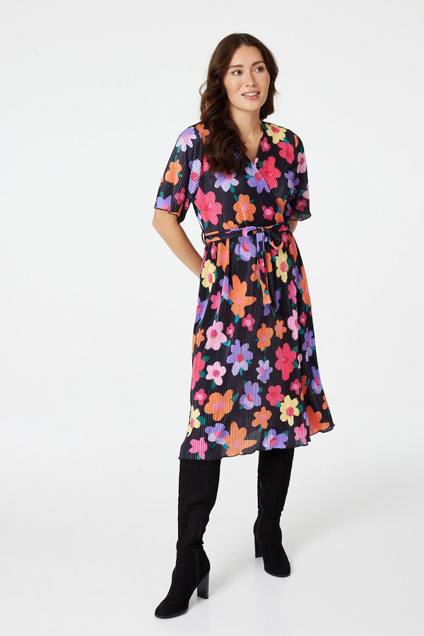 Black | Floral Long Sleeve Pleated Dress