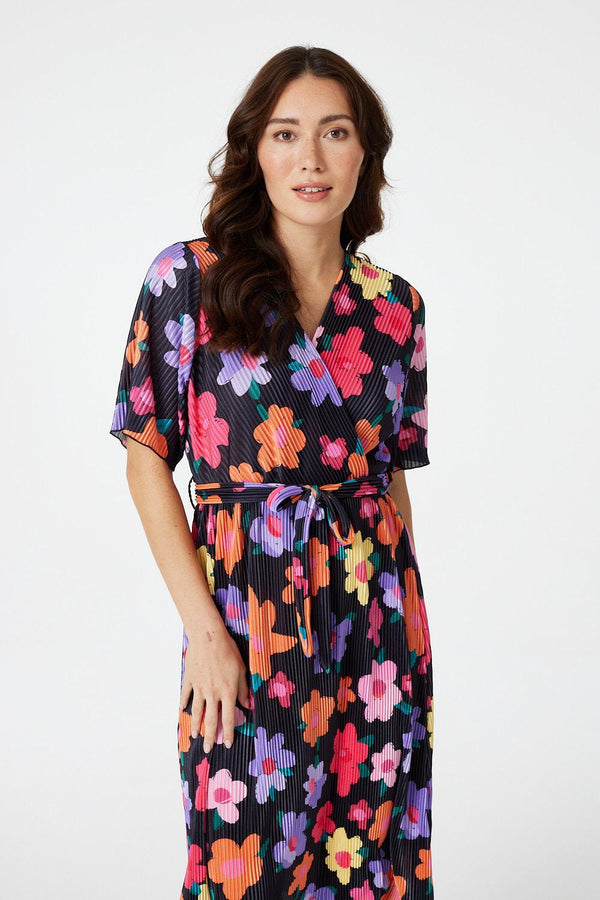 Black | Floral Long Sleeve Pleated Dress