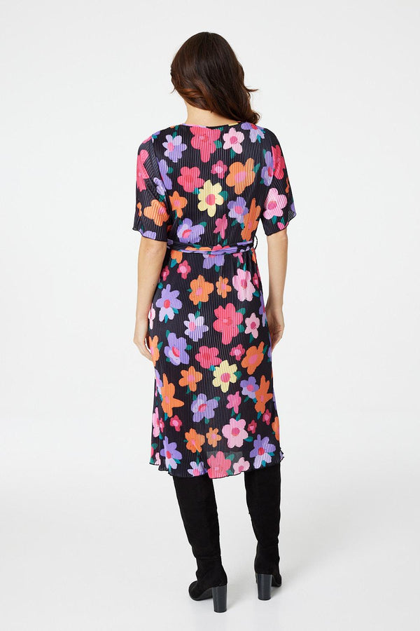 Black | Floral Long Sleeve Pleated Dress