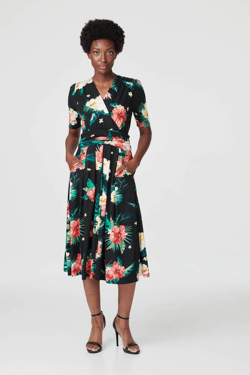 Black | Tropical Short Sleeve Midi Dress