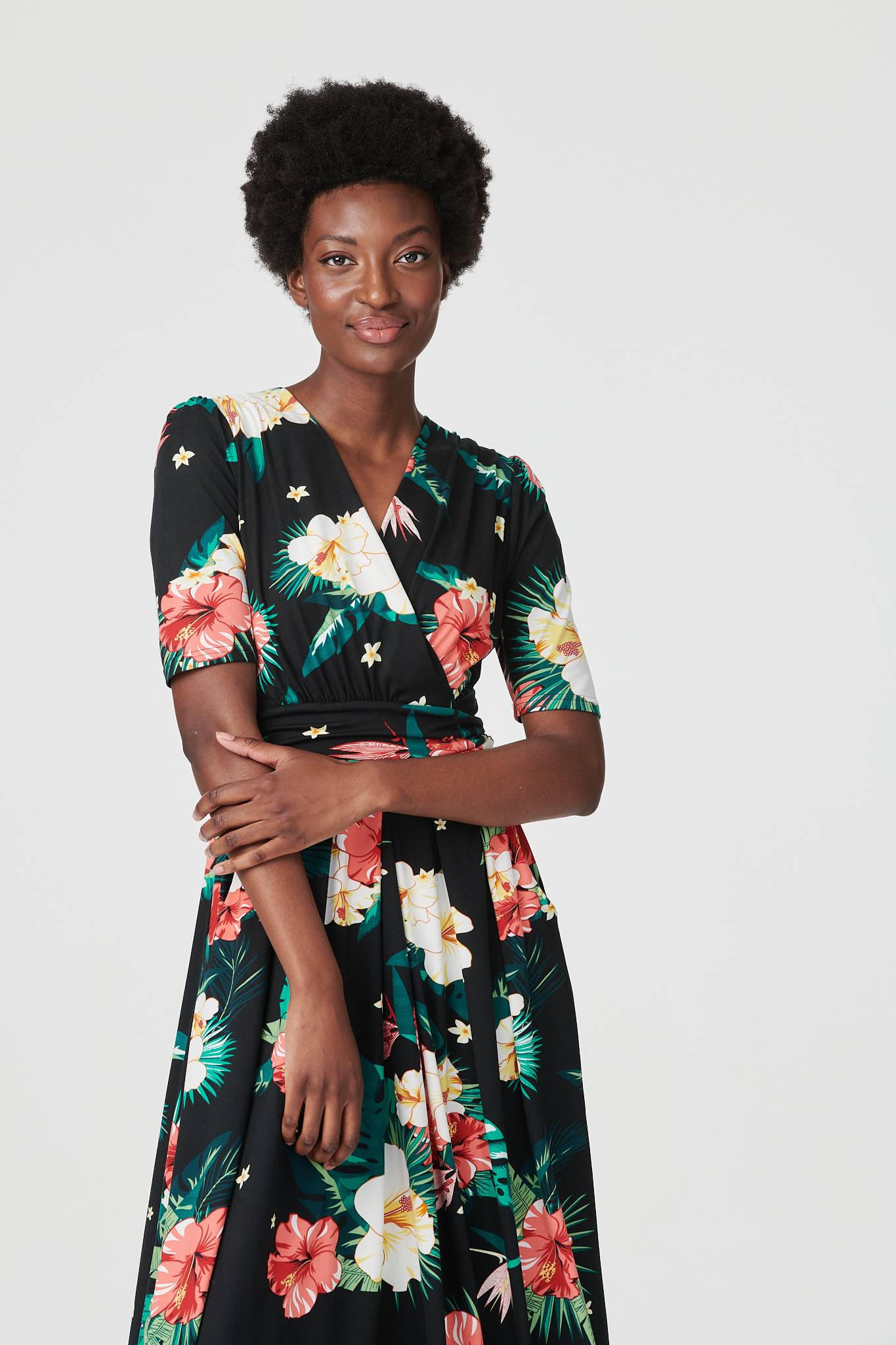 Black | Tropical Short Sleeve Midi Dress