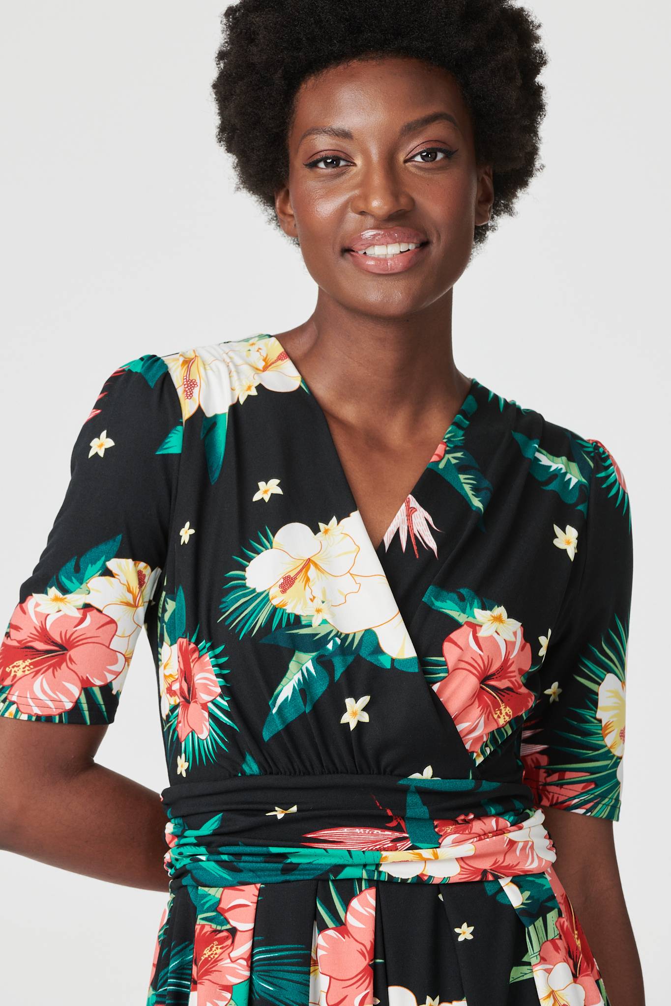 Black | Tropical Short Sleeve Midi Dress