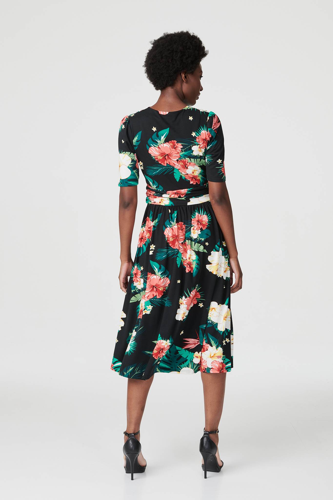 Black | Tropical Short Sleeve Midi Dress