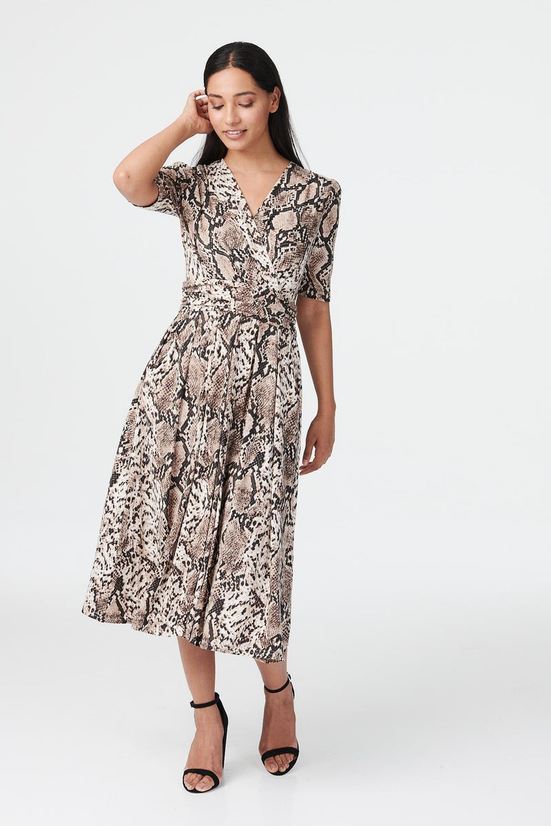 Brown | Snake Print Ruched Midi Dress