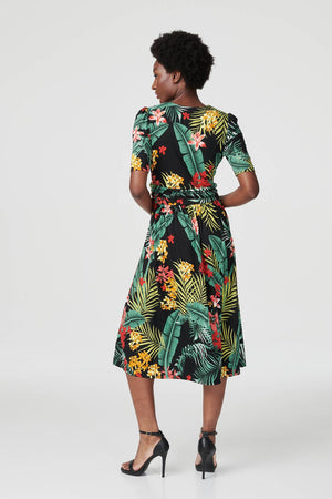 Black | Tropical Short Sleeve Ruched Dress