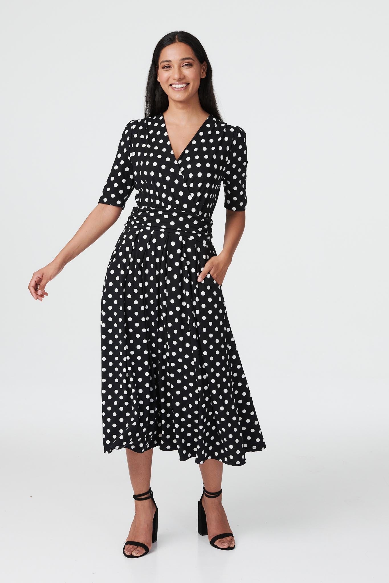 Black | Polka Dot Short Sleeve Midi Dress