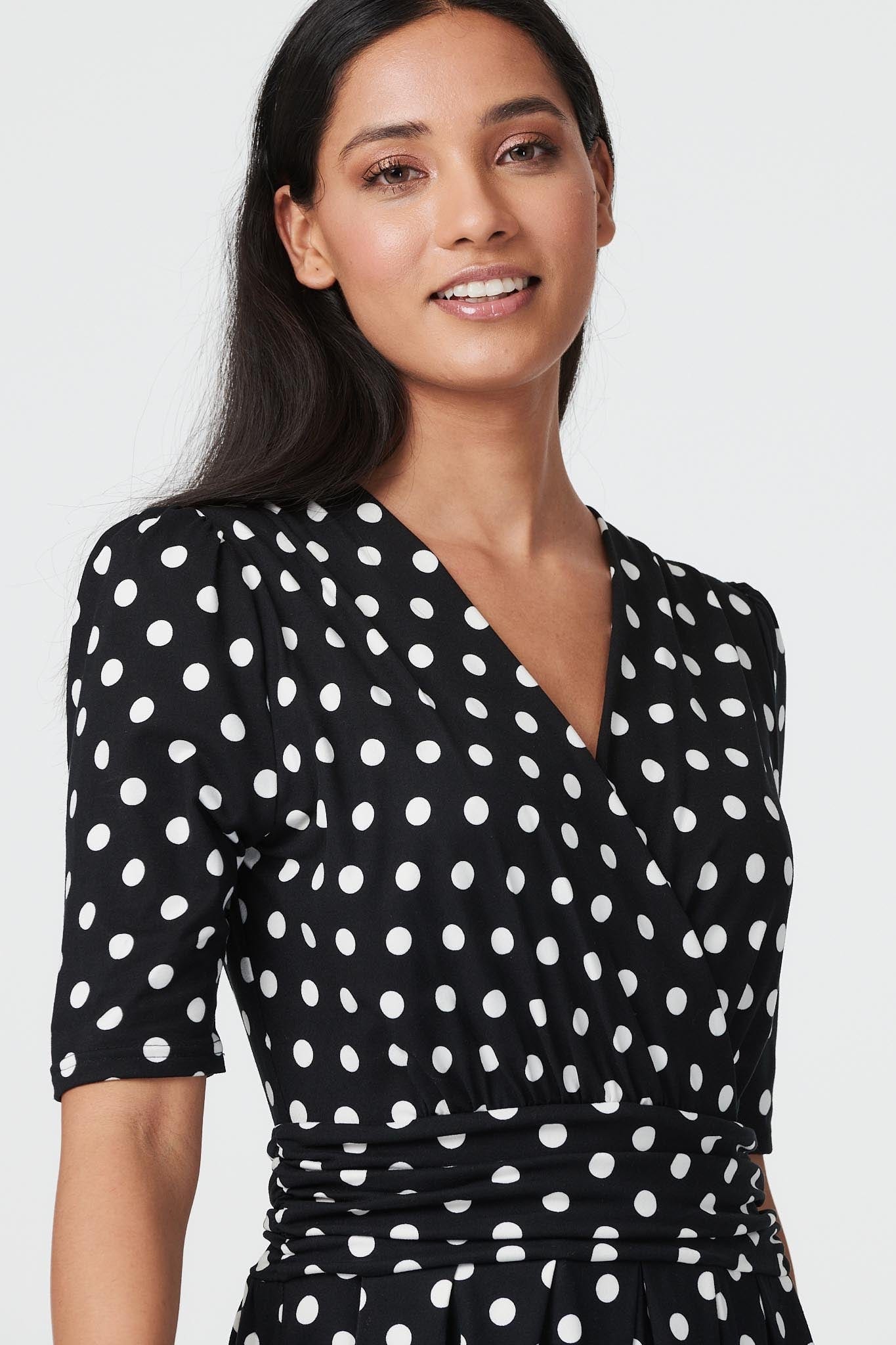 Black | Polka Dot Short Sleeve Midi Dress