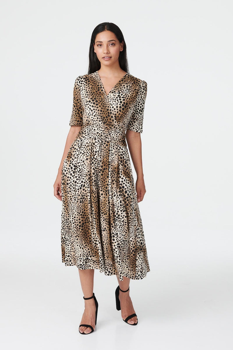 Brown | Animal Print Ruched Midi Dress