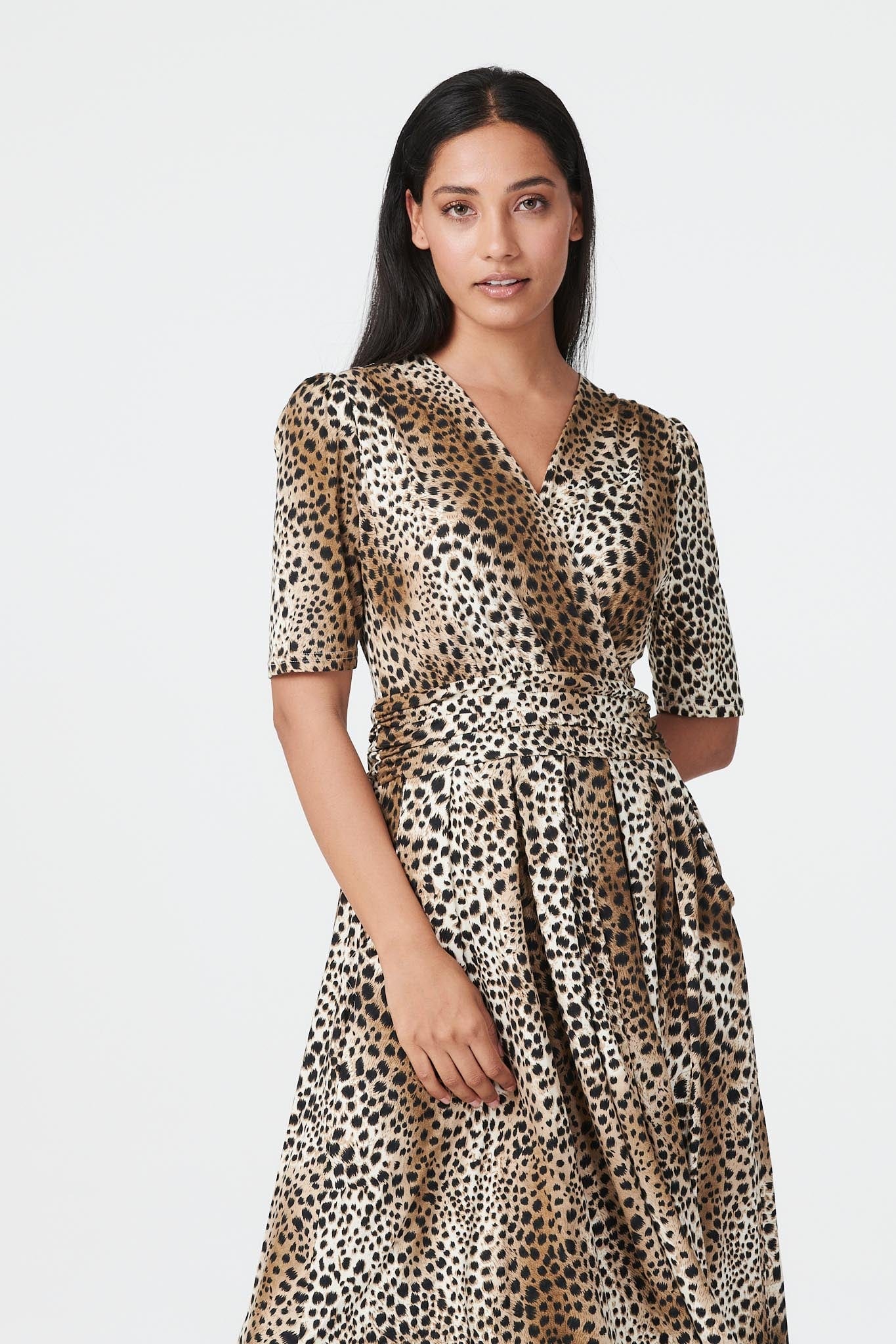 Brown | Animal Print Ruched Midi Dress