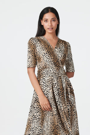 Brown | Animal Print Ruched Midi Dress