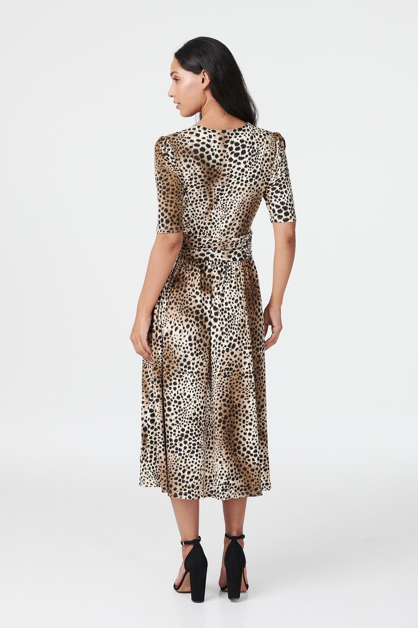 Brown | Animal Print Ruched Midi Dress