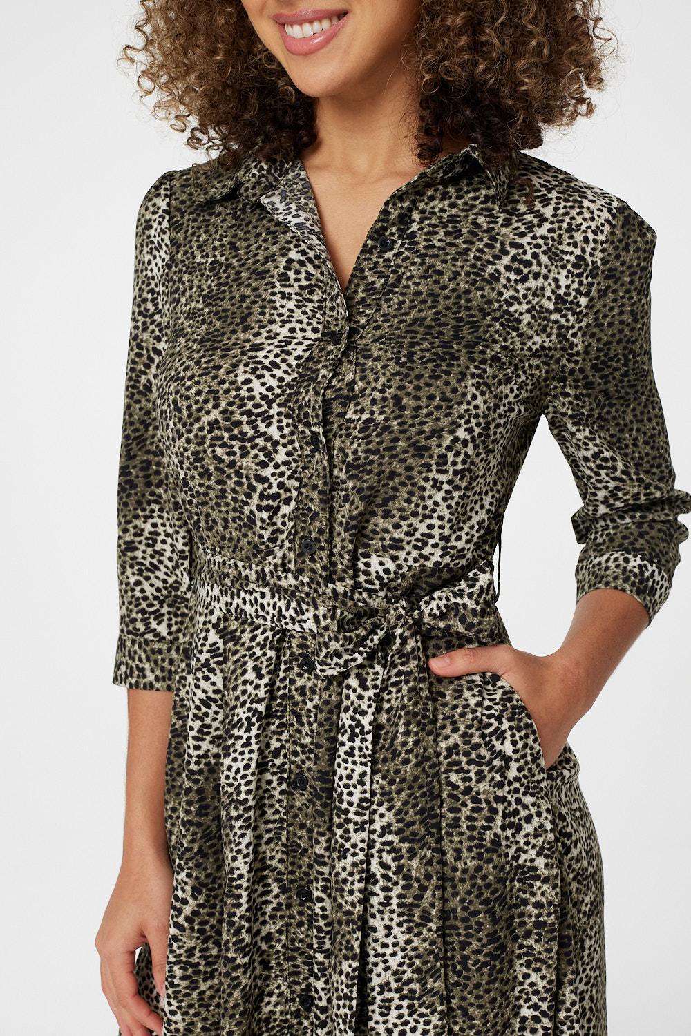 Khaki | Leopard Print 3/4 Sleeve Shirt Dress