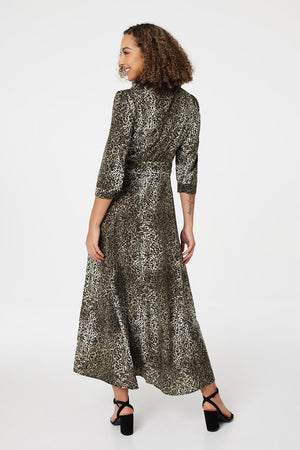 Khaki | Leopard Print 3/4 Sleeve Shirt Dress