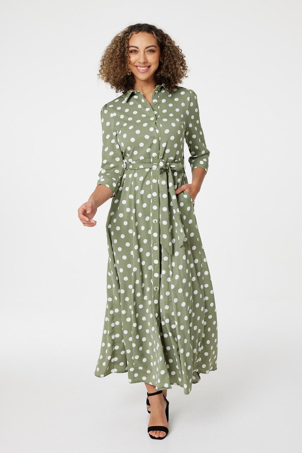 Sage | Polka Dot 3/4 Sleeve Shirt Dress