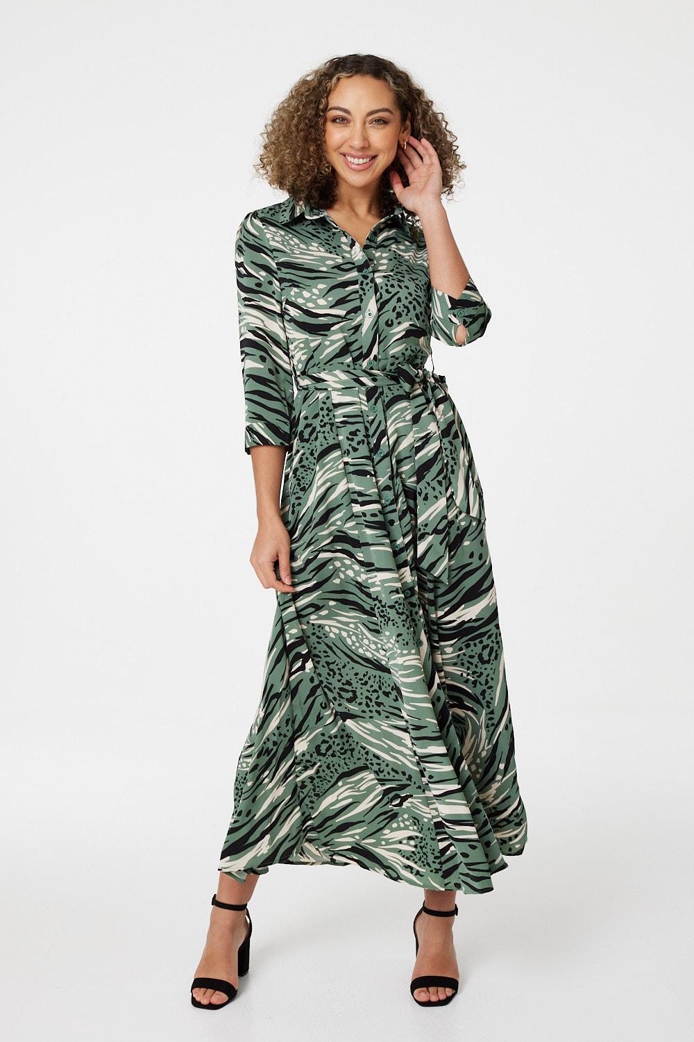 Sage | Zebra Print 3/4 Sleeve Shirt Dress