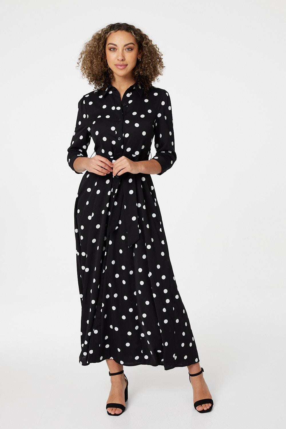 Black | Polka Dot Button Front Shirt Dress