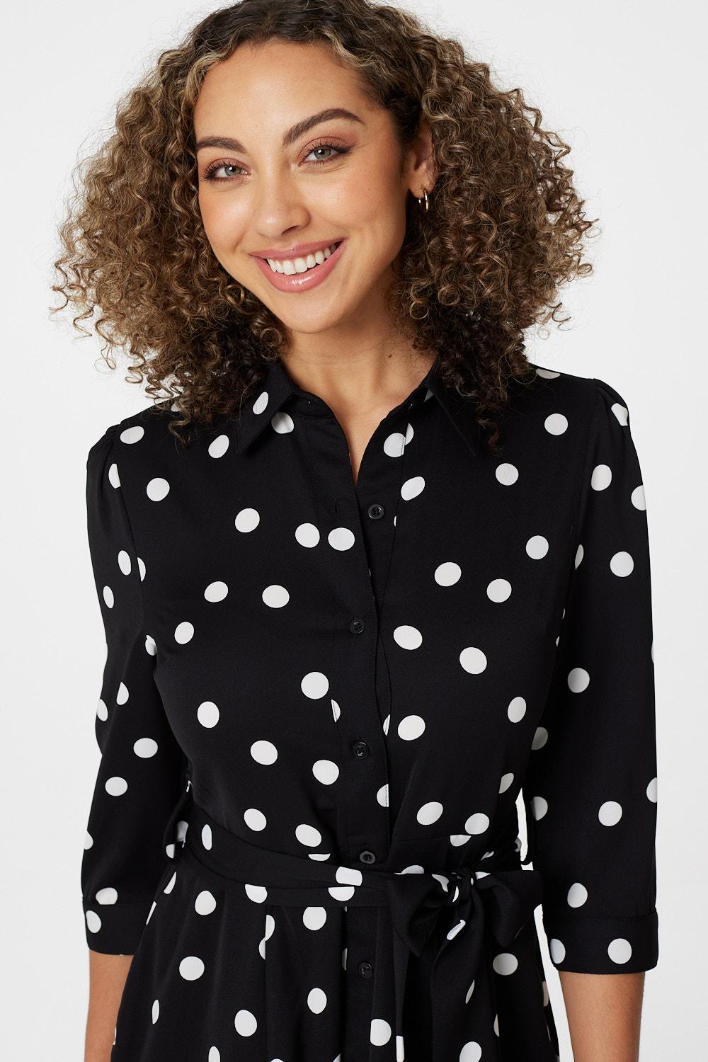 Black | Polka Dot Button Front Shirt Dress