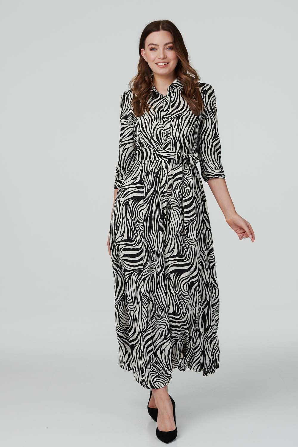 Black And White | Zebra Print Midi Shirt Dress