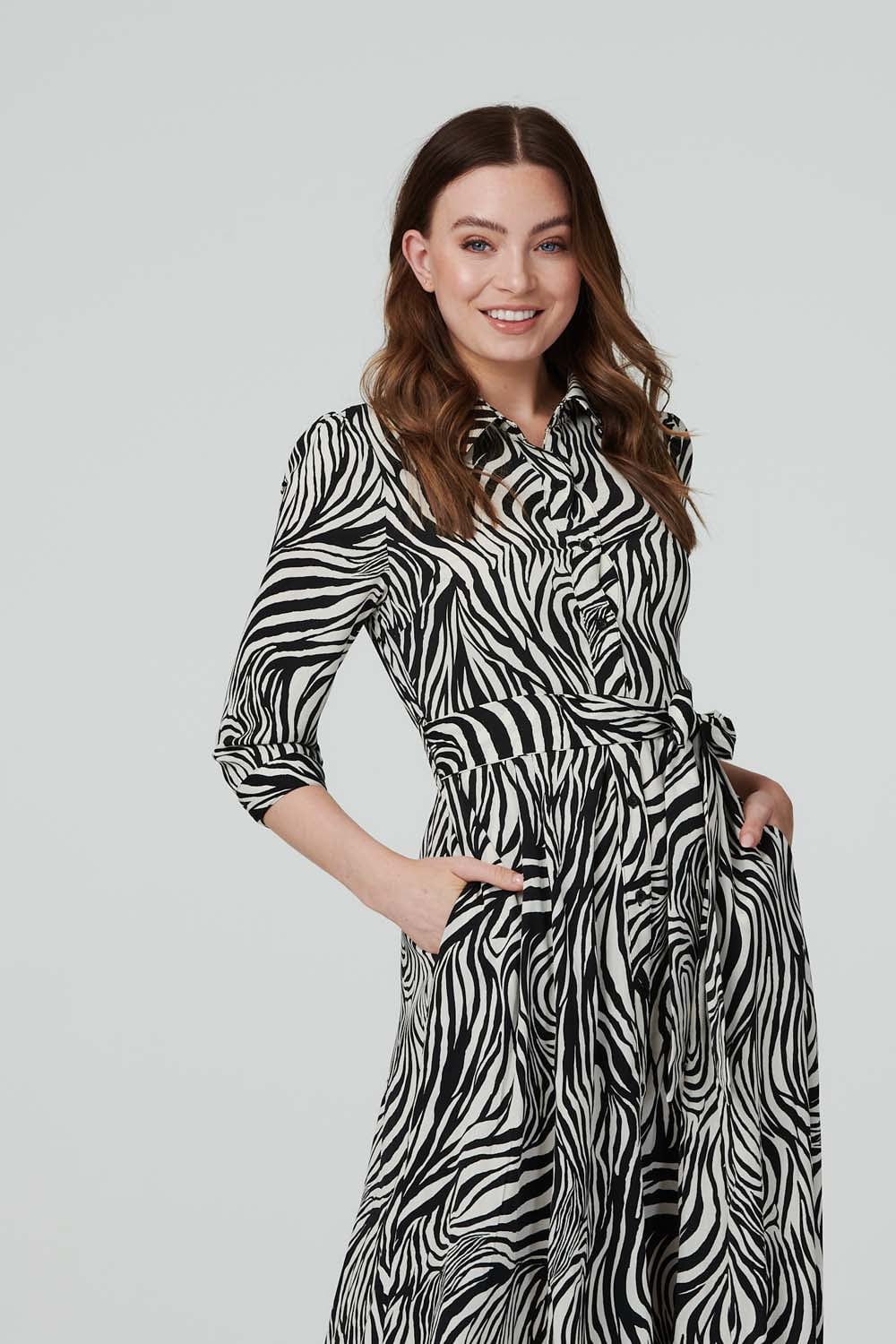 Black And White | Zebra Print Midi Shirt Dress