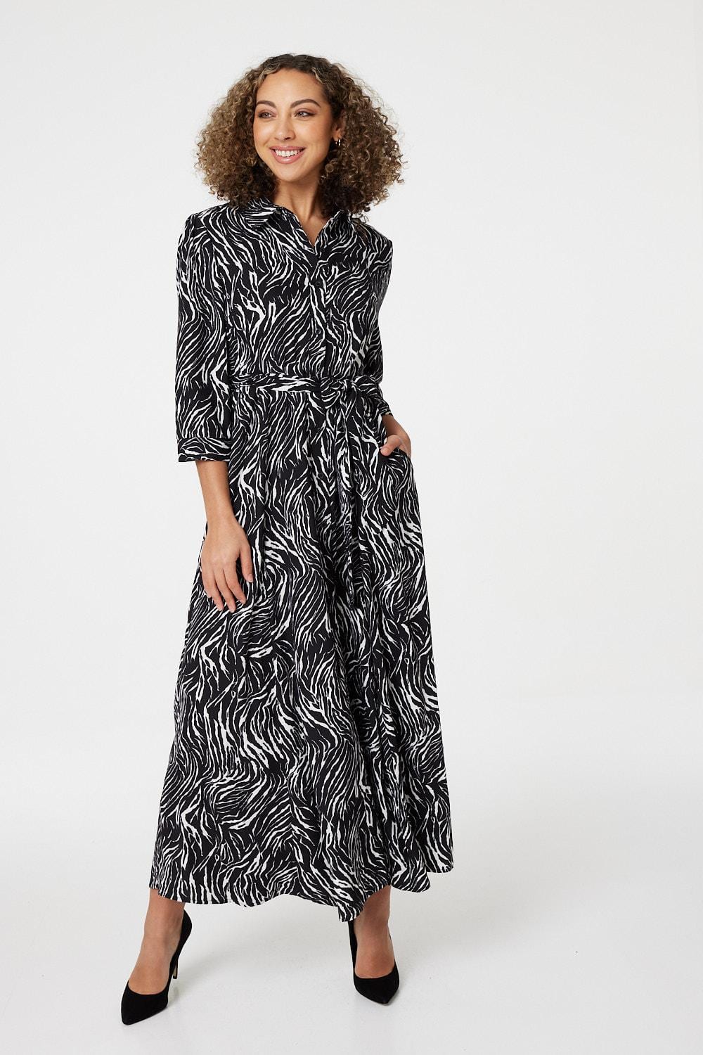 Black | Zebra Print Button Front Shirt Dress