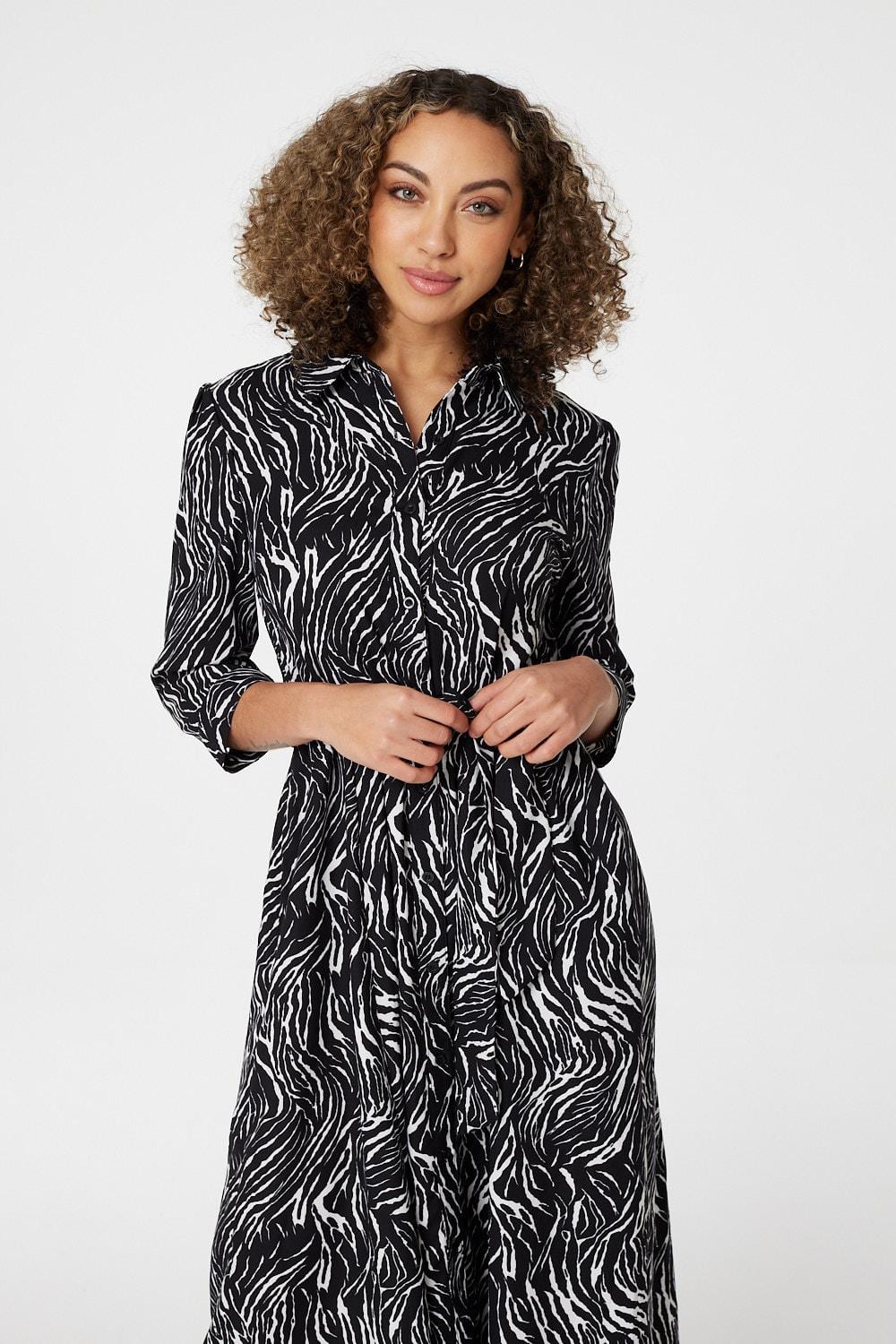 Black | Zebra Print Button Front Shirt Dress