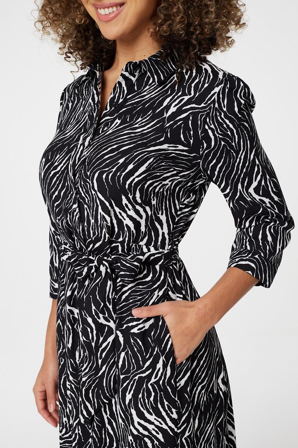 Black | Zebra Print Button Front Shirt Dress