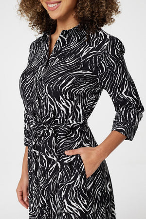 Black | Zebra Print Button Front Shirt Dress