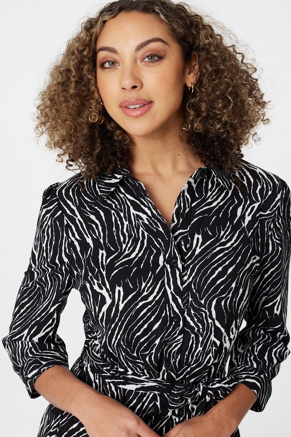 Black | Zebra Print Button Front Shirt Dress