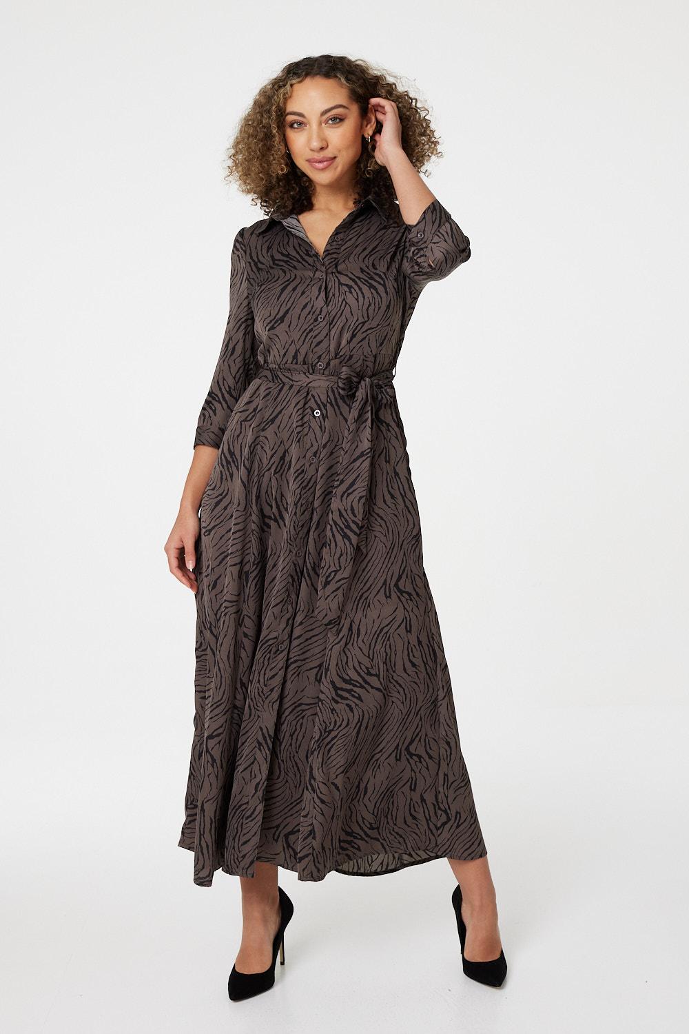 Brown | Zebra Print Button Front Shirt Dress