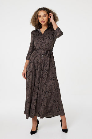 Brown | Zebra Print Button Front Shirt Dress