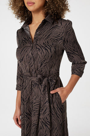Brown | Zebra Print Button Front Shirt Dress
