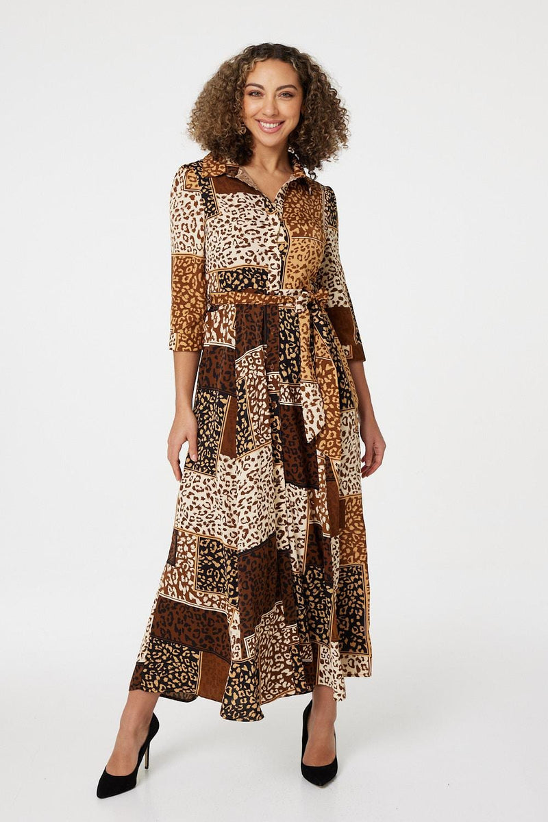 Brown | Leopard Print Tie Waist Shirt Dress