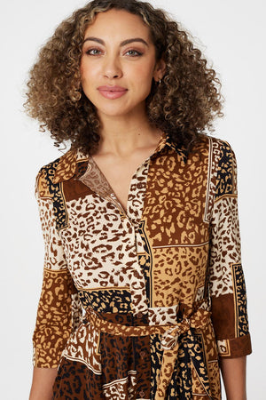 Brown | Leopard Print Tie Waist Shirt Dress