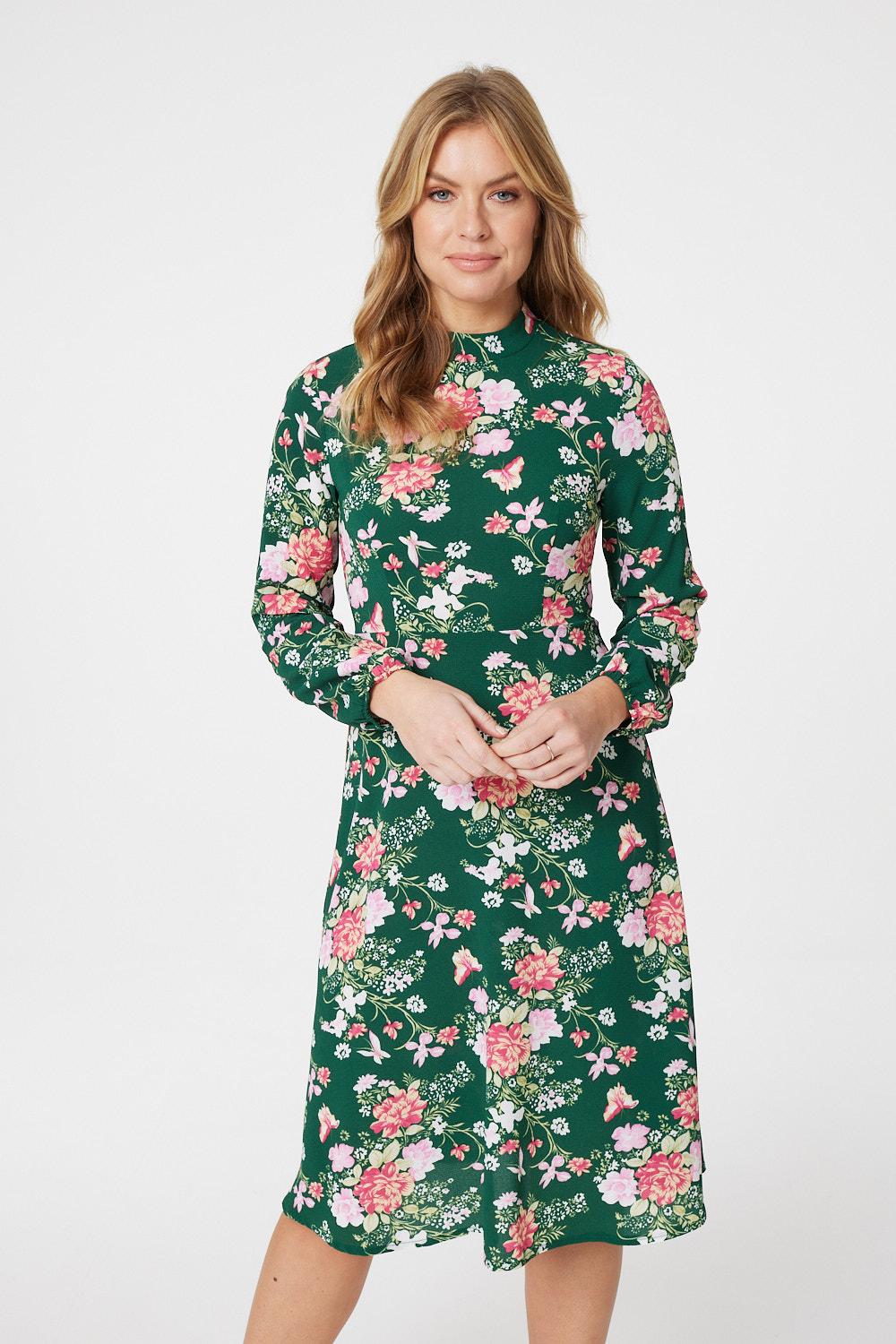 Green | Floral High Neck Midi Dress
