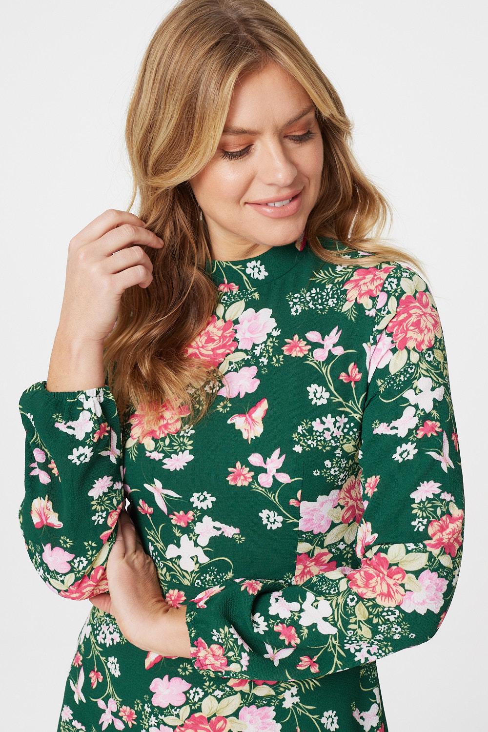 Green | Floral High Neck Midi Dress