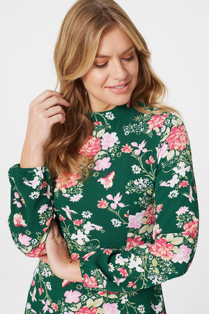 Green | Floral High Neck Midi Dress
