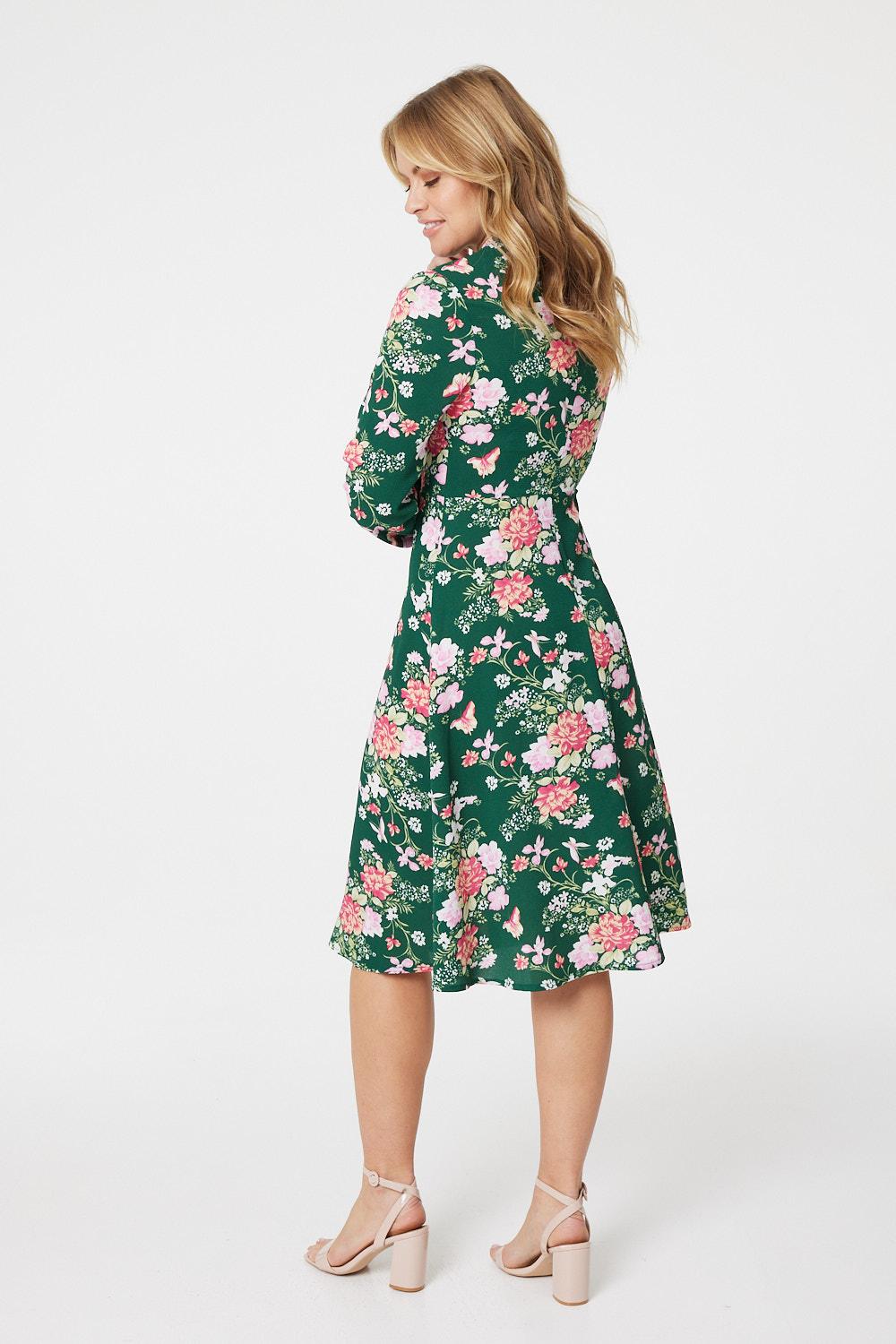 Green | Floral High Neck Midi Dress