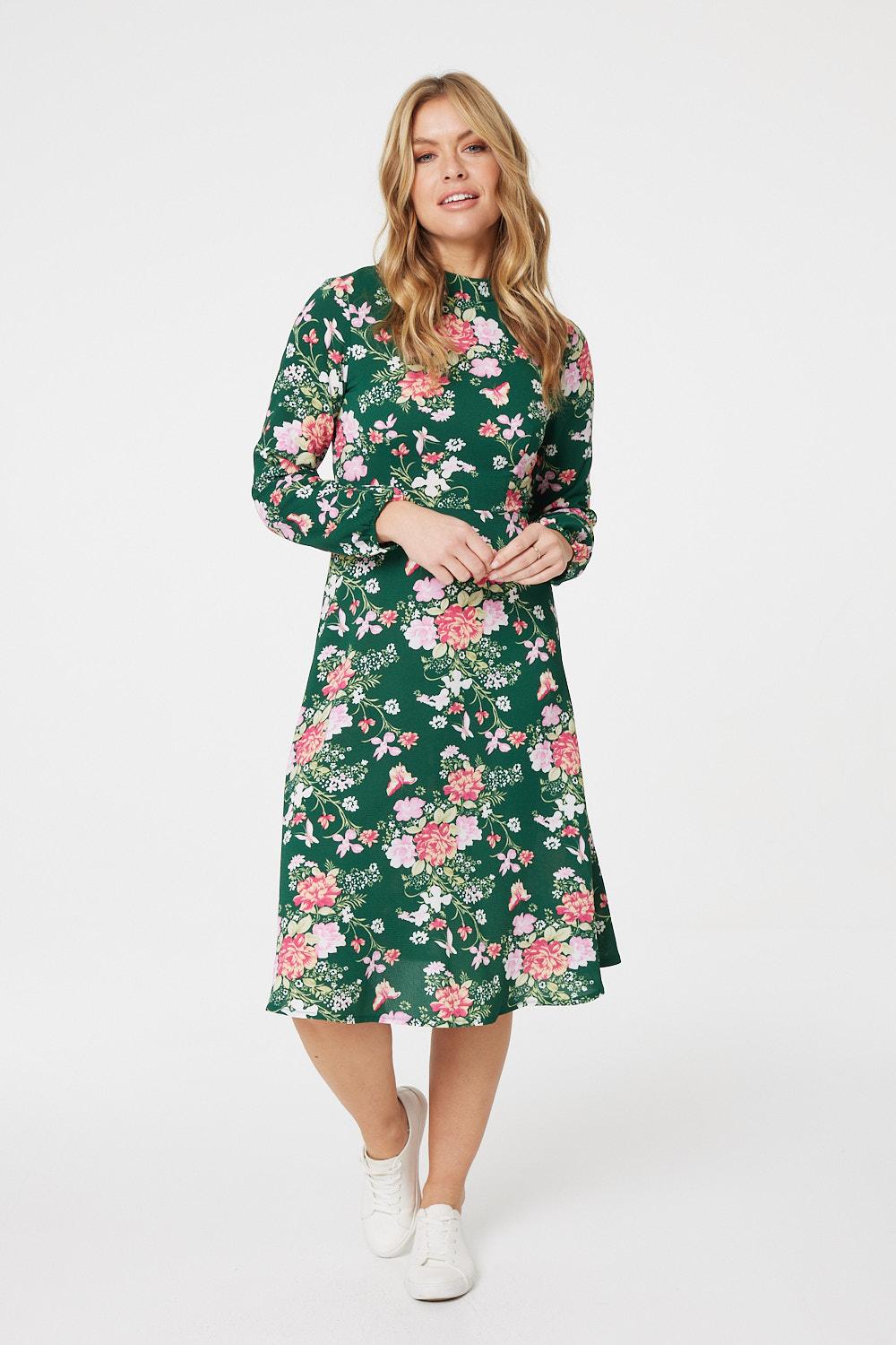 Green | Floral High Neck Midi Dress