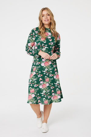Green | Floral High Neck Midi Dress