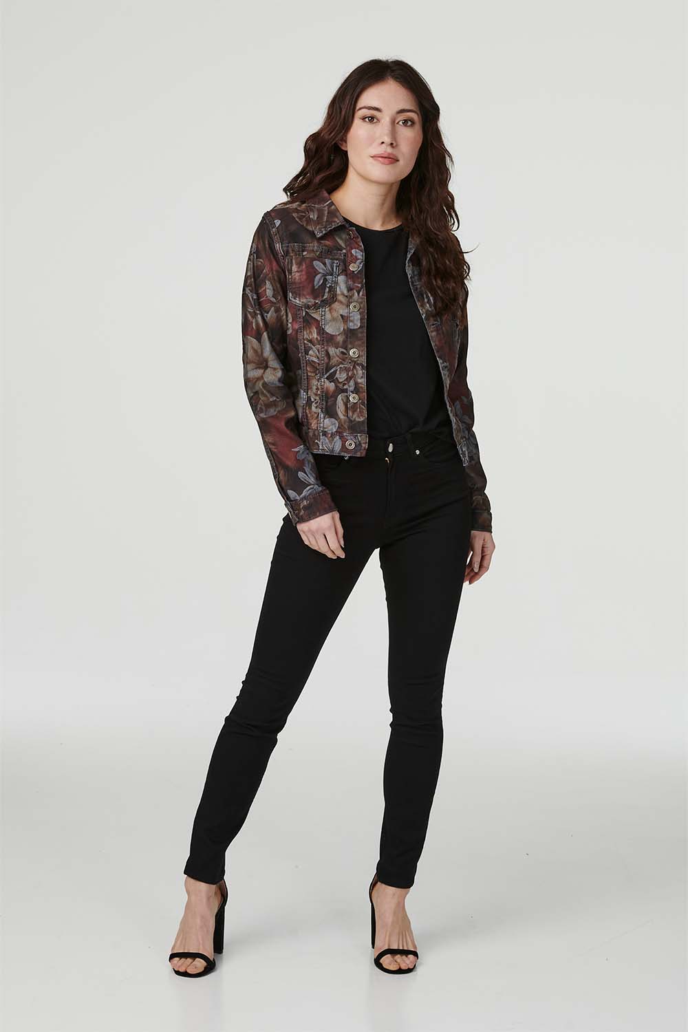 Khaki | Floral Print Cropped Denim Jacket