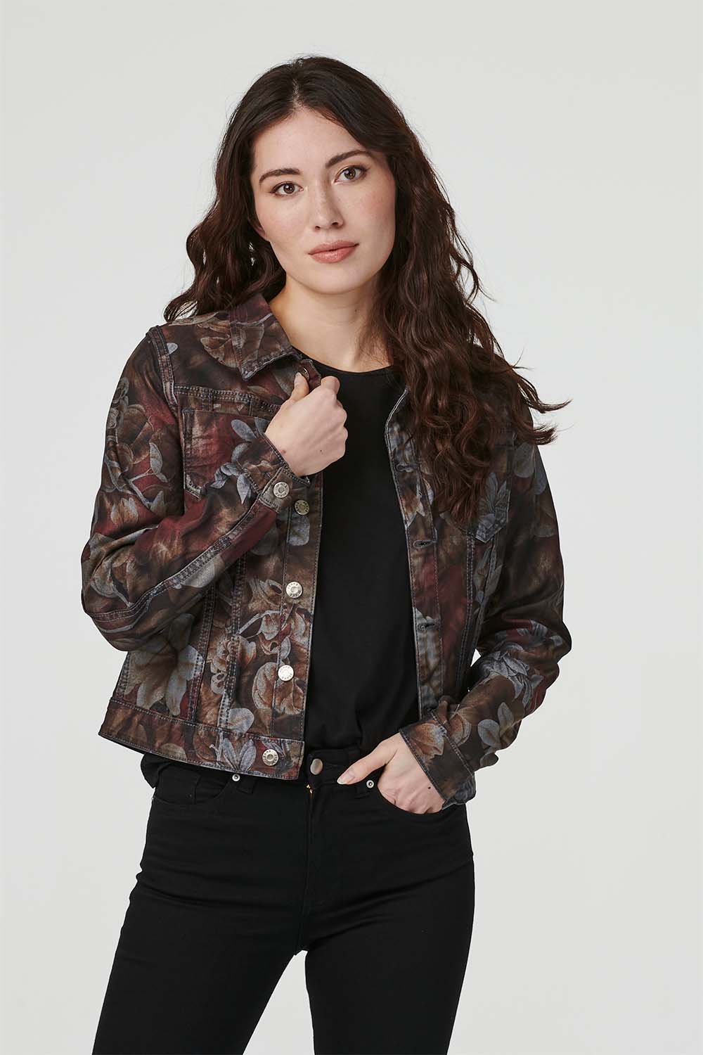 Khaki | Floral Print Cropped Denim Jacket