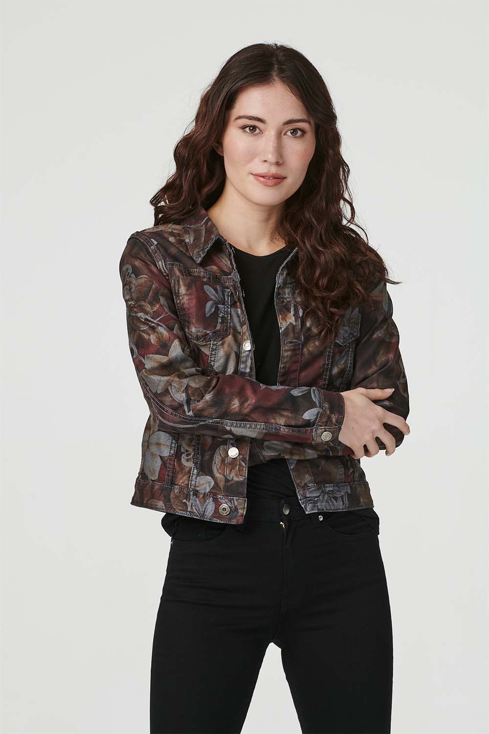 Khaki | Floral Print Cropped Denim Jacket
