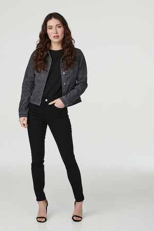 Khaki | Floral Print Cropped Denim Jacket