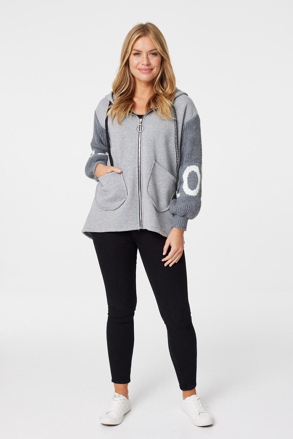 Grey | Logo Print Zip Front Hooded Jacket