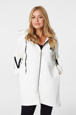 White | Logo Print Zip Front Hooded Jacket